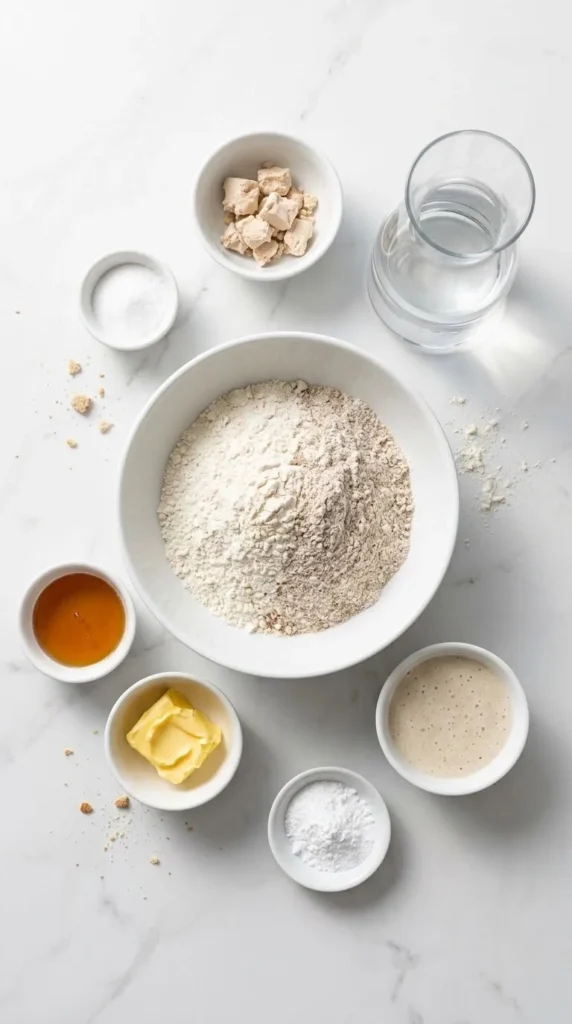 Zutaten für Bauernbrot: Weizenmehl, Roggenmehl, Frischhefe, Wasser, Honig, Butter, flüssiger Sauerteig und Salz