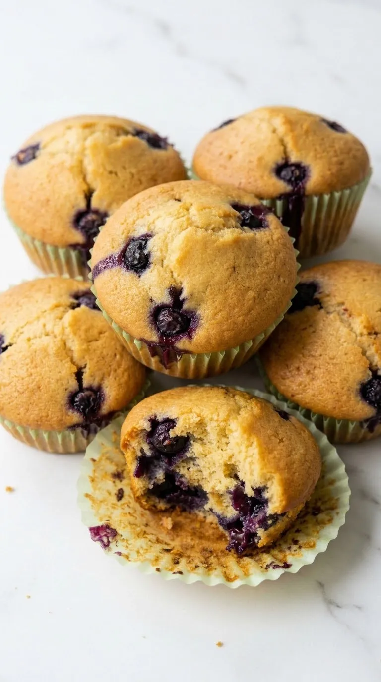 Saftige Blaubeer-Muffins frisch gebacken aus der Froschperspektive — markante Wölbung und Gupfform der Heidelbeermuffins