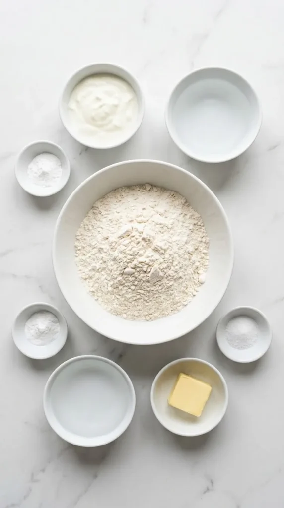 Zutaten für indisches Naanbrot: Weizenmehl, stichfester Naturjoghurt, lauwarmes Wasser, Butter, Backpulver und Salz auf Marmor.