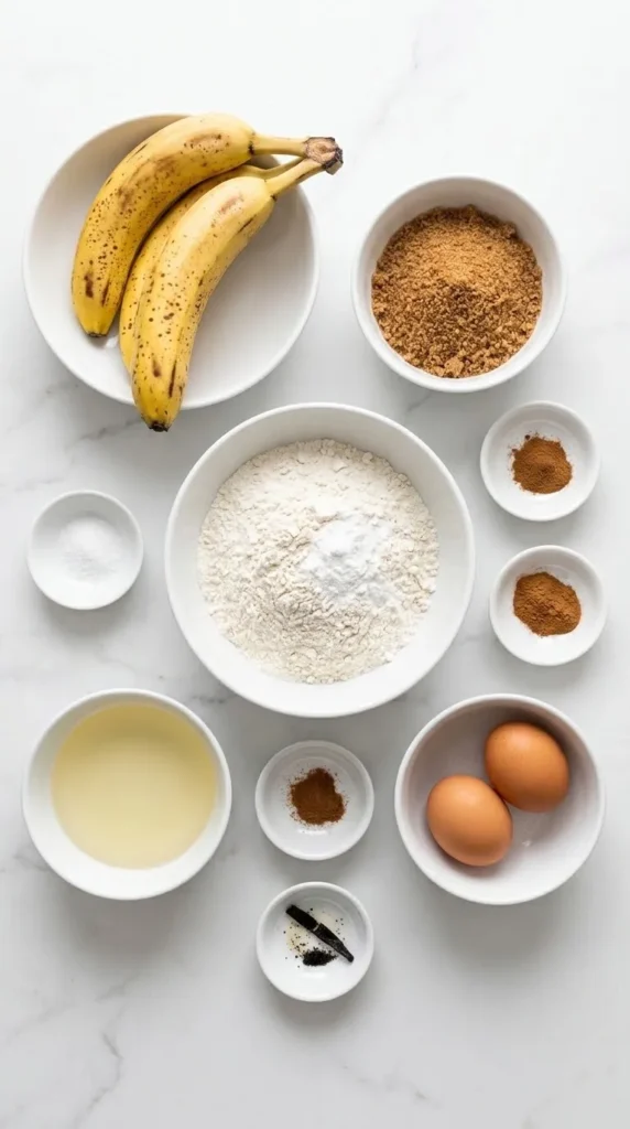 Zutaten für einfaches Bananenbrot: Weizenmehl, reife Bananen, brauner Zucker, Pflanzenöl, Eier, Zimt und Vanille auf Marmor.