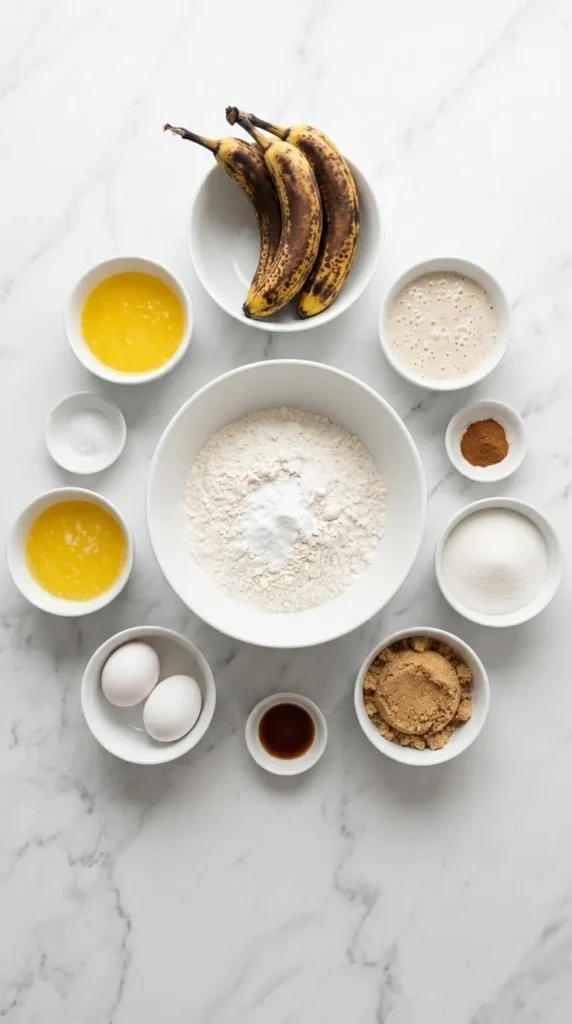 Zutaten für Sauerteig-Bananenbrot: Mehl, reife Bananen, Sauerteig-Discard, geschmolzene Butter, Zucker, Eier und Gewürze.