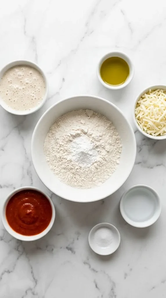 Zutaten für schnellen Sauerteig-Pizzateig: Mehl, Sauerteig-Discard, Tomatensauce, Mozzarella, Olivenöl, Wasser und Salz auf Marmor.