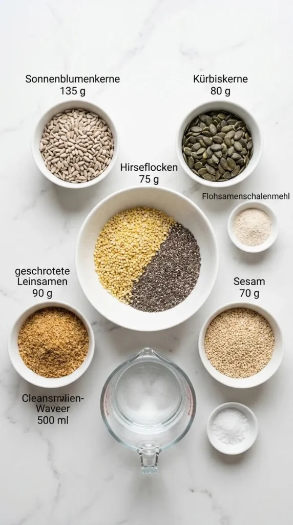 Zutaten für basisches glutenfreies Brot: Hirseflocken, Chiasamen, Sonnenblumenkerne, Kürbiskerne, Leinsamen, Sesam und Flohsamenschalen auf Marmor.