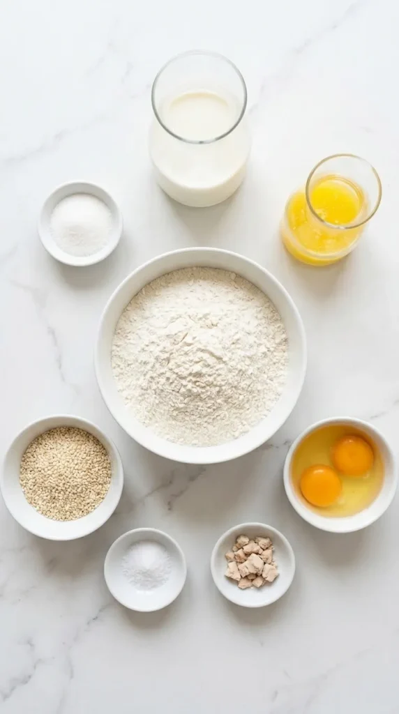 Zutaten für selbstgemachte Burger-Buns: Weizenmehl, warme Milch, geschmolzene Butter, Eier, Hefe, Zucker, Salz und Sesam auf Marmor.