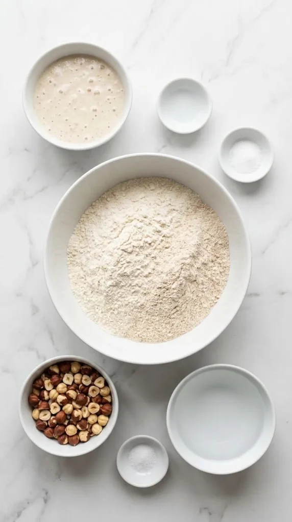 Zutaten für Haselnussbrot mit Sauerteig: Weizenmehl, Dinkelvollkornmehl, Weizensauerteig, gehackte Haselnüsse, Wasser und Salz.