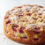 Himbeerkuchen frisch gebacken — saftiger Blechkuchen mit goldgelb gerösteten Mandelblättchen und feinem Puderzucker.