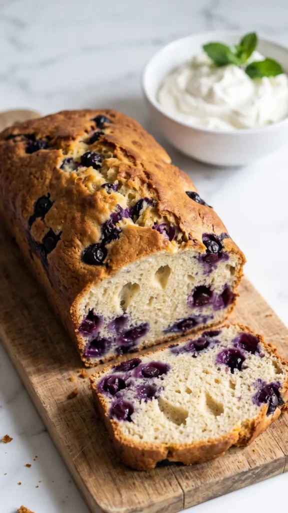 Bananen-Blaubeer-Kuchen serviert mit frischer Sahne und Minze — Kastenkuchen auf Holzbrett.