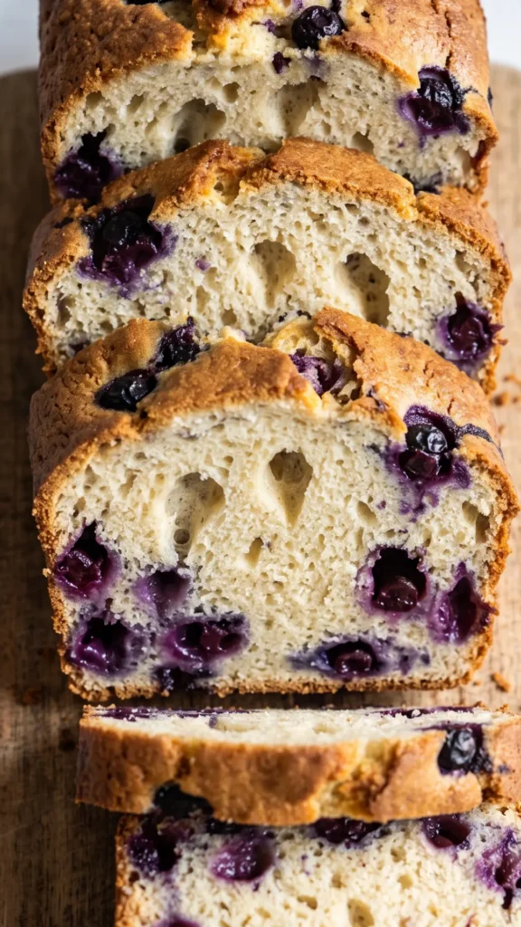 Nahaufnahme von Bananen-Blaubeer-Kuchen — saftige Krume, gemahlene Mandeln und lilafarbener Beerensaft.