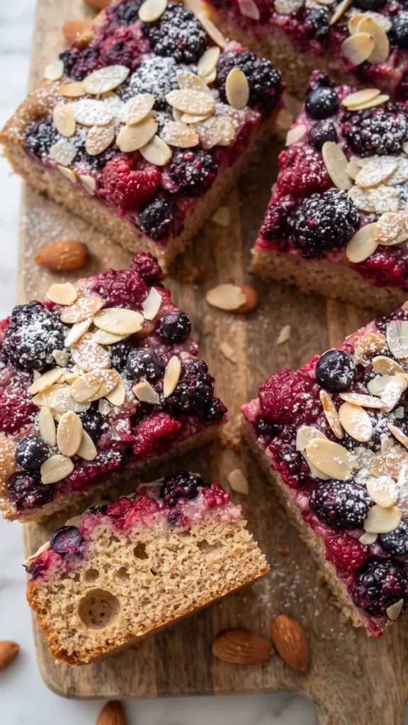 Nahaufnahme von Vollkorn-Beerenkuchen mit Sauerteigresten — saftige Beeren, Puderzucker und Mandelstifte