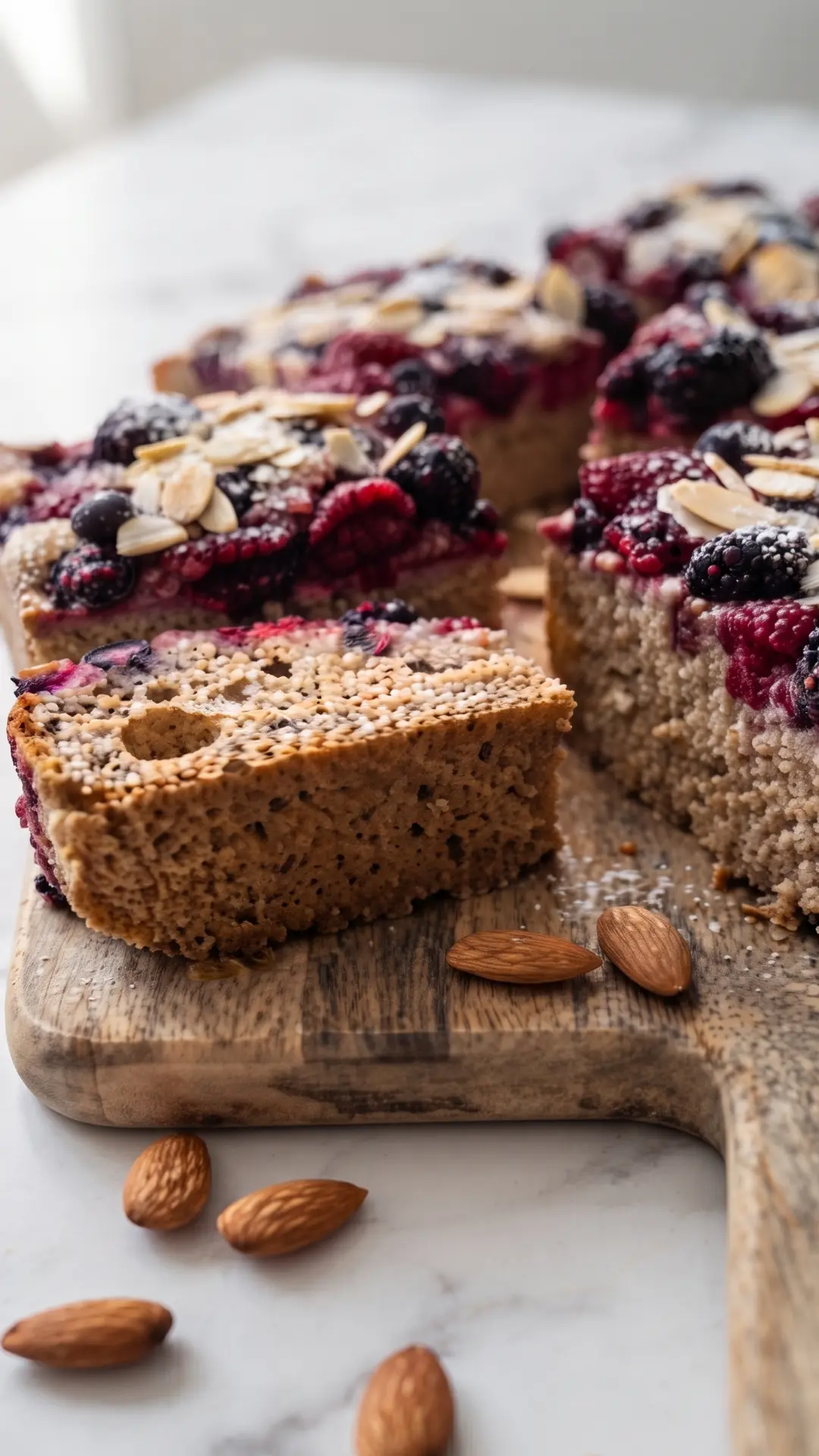 Beerenkuchen aus Vollkorn aus der Froschperspektive — saftige Beerenstücke auf rustikalem Holzbrett