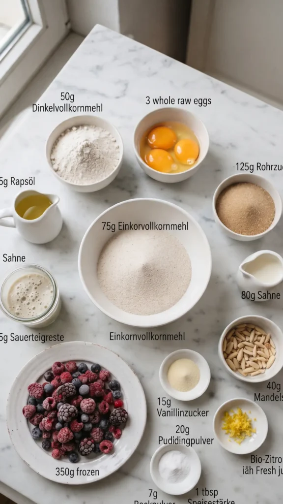Zutaten für Beerenkuchen aus Vollkorn und Sauerteigresten: Einkorn- und Dinkelmehl, Eier, Sahne, Sauerteigrest, Beeren und Mandelstifte