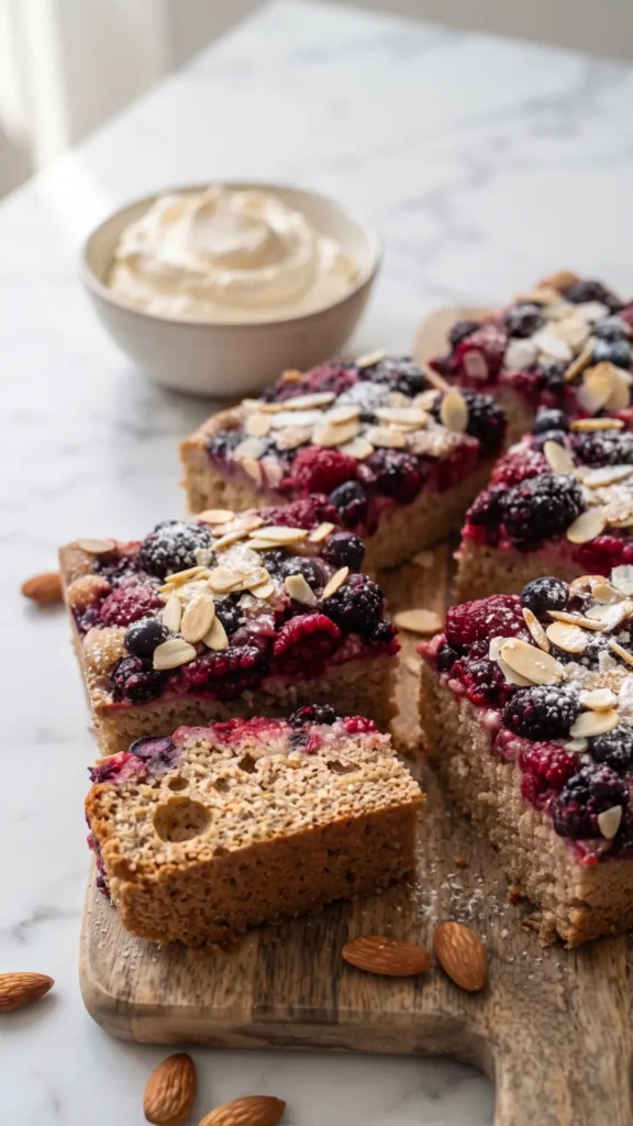 Vollkorn-Beerenkuchen mit Sauerteigresten serviert mit Schlagsahne — fruchtiges Kuchenstück auf Marmor
