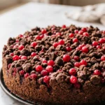 Johannisbeer-Schokostreusel-Kuchen frisch gebacken — runder Quarkkuchen mit dunklen Schokostreuseln und roten Beeren auf Marmor.