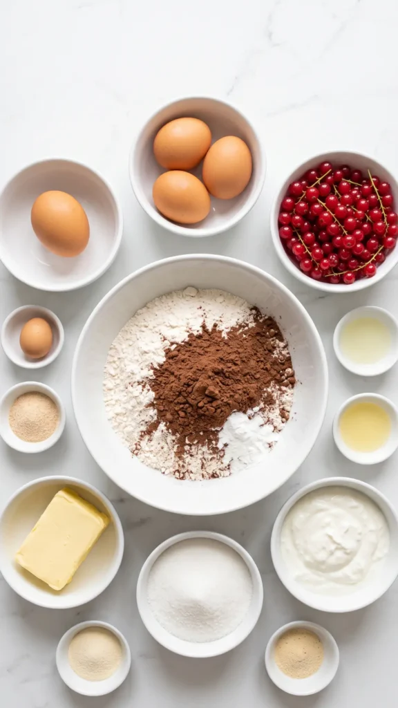 Zutaten für Johannisbeer-Schokostreusel-Kuchen: Mehl, Kakao, Quark, Johannisbeeren, Eier, Zucker und Butter auf weißem Marmor.