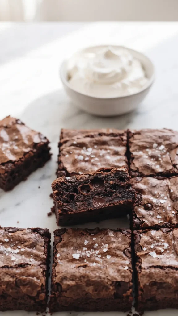 Sauerteig Brownies ohne Ei serviert mit Schlagsahne — schokoladige Brownie-Quadrate auf Marmor