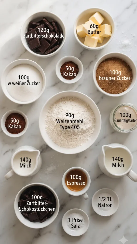 Zutaten für Sauerteig Brownies ohne Ei: Zartbitterschokolade, Butter, Zucker, Sauerteigstarter, Espresso, Mehl und Kakao