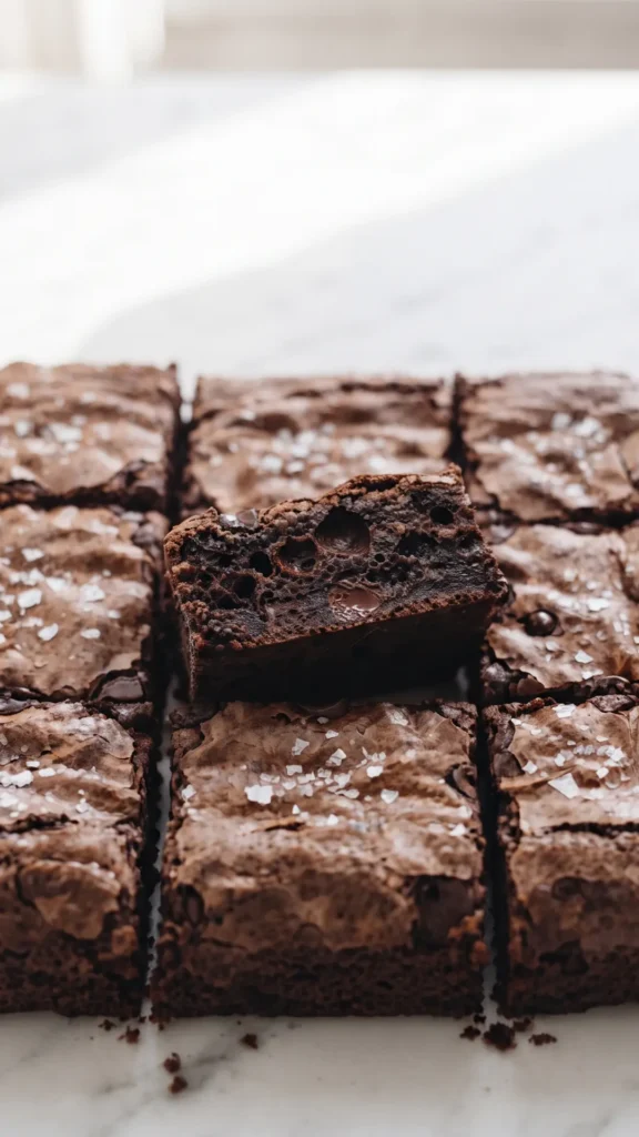 Nahaufnahme von Sauerteig Brownies ohne Ei — glänzende Kruste mit Meersalz und feuchter Schokokrume