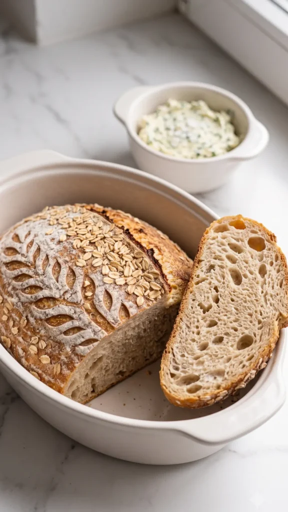 Topfbrot serviert mit Kräuterbutter und Meersalz — eine frische Brotscheibe saftig aufgeschnitten.