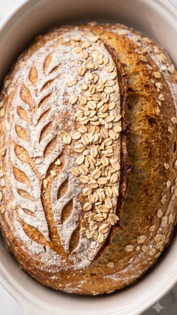 Nahaufnahme von Dinkel-Joghurt-Brot — mehlbestäubtes Muster, Haferflocken und rösche Kruste.