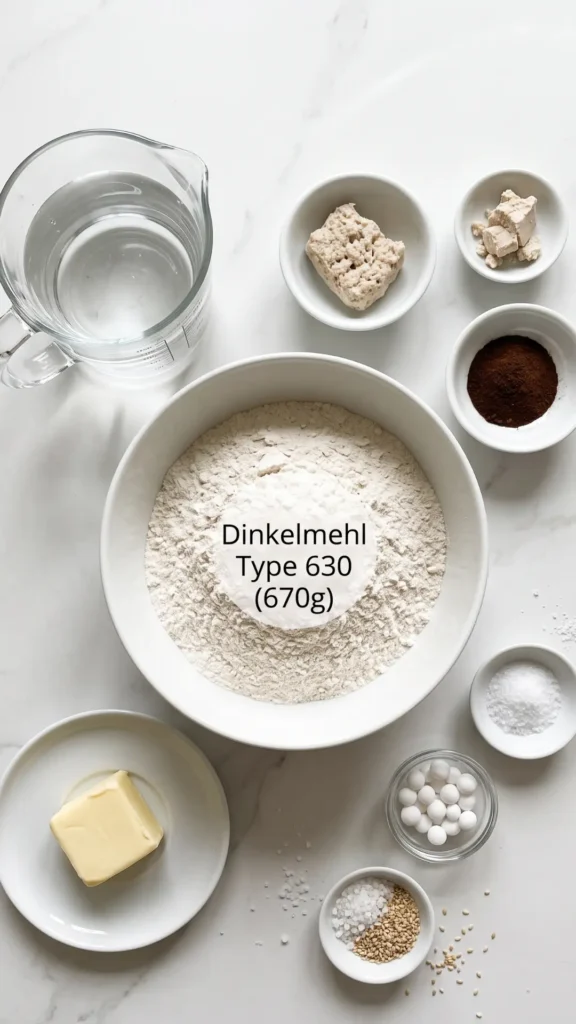 Zutaten für Dinkel-Laugenbrötchen: Dinkelmehl Type 630, Lievito Madre, frische Hefe, Backmalz, Butter, Laugenperlen und Brezelsalz