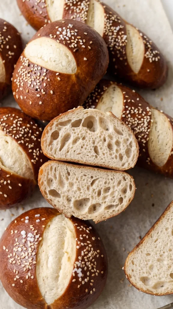 Makro-Nahaufnahme eines Dinkel-Laugenbrötchens — kastanienbraune Laugenkruste mit Salzkristallen und hellem Ausbund