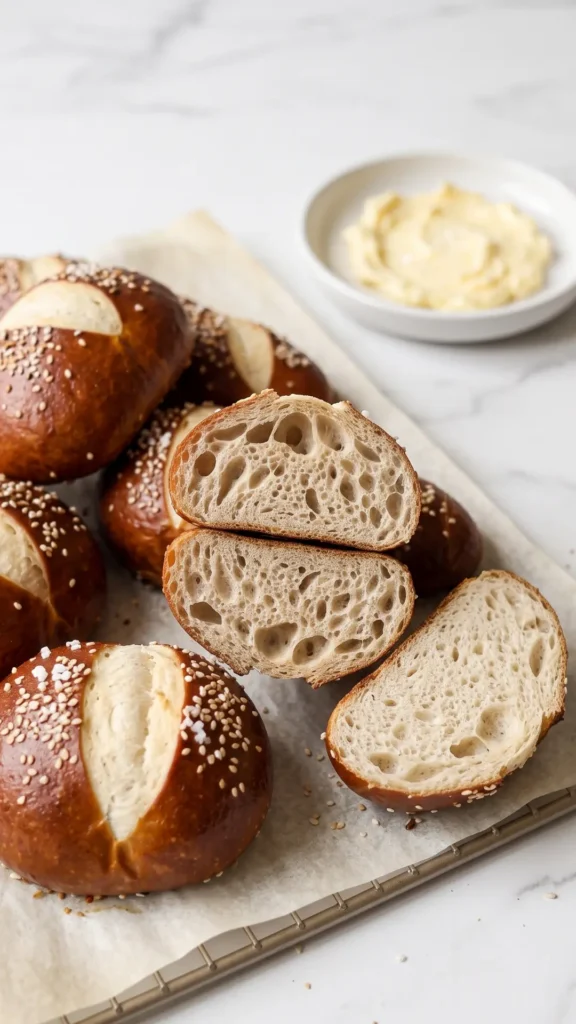 Ofenfrische Dinkel-Laugenbrötchen serviert mit streichzarter Butter — rustikales Frühstück