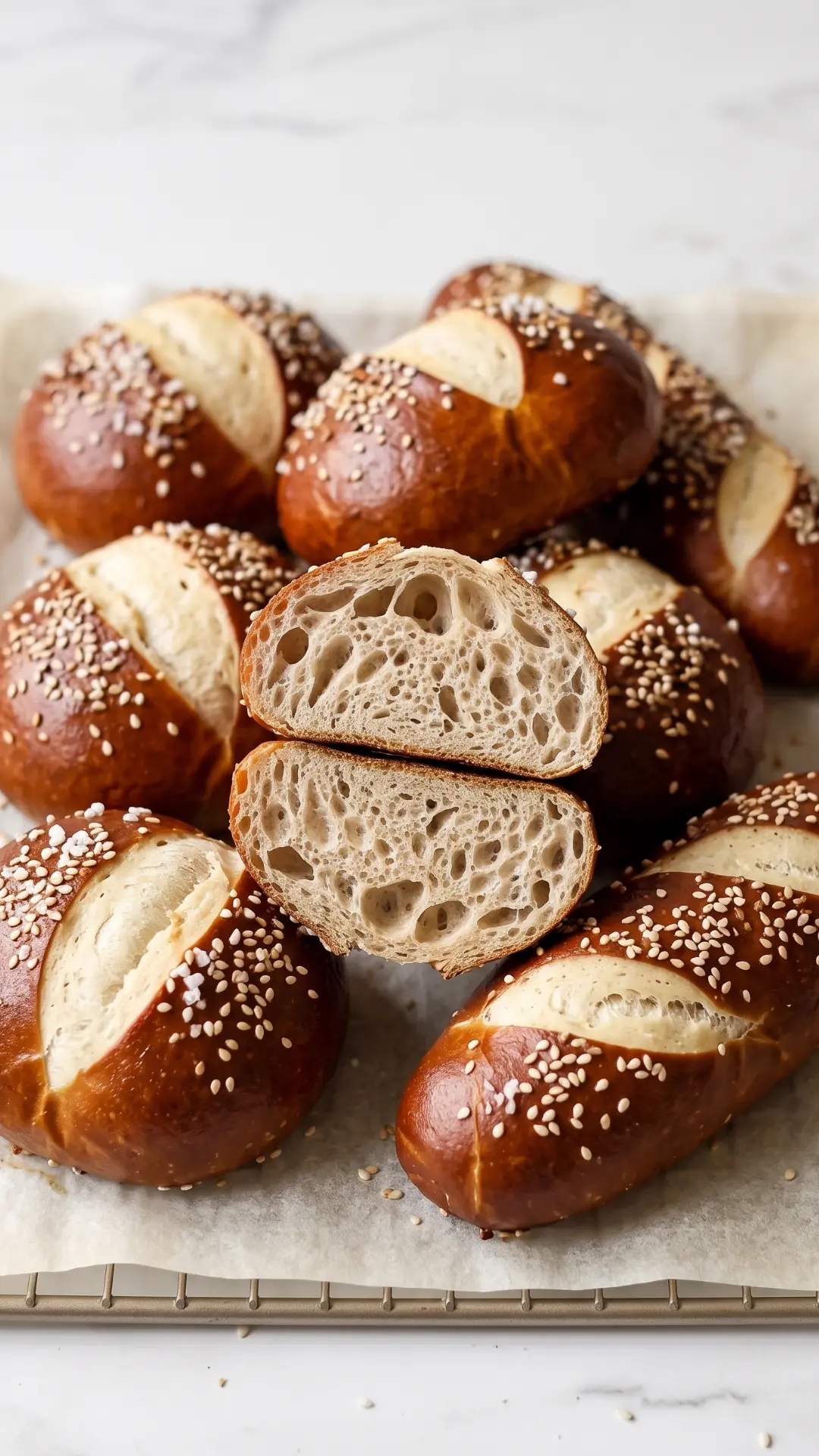 Dinkel-Laugenbrötchen aus der Froschperspektive — prachtvoll aufgegangenes Gebäck mit Laugenkruste