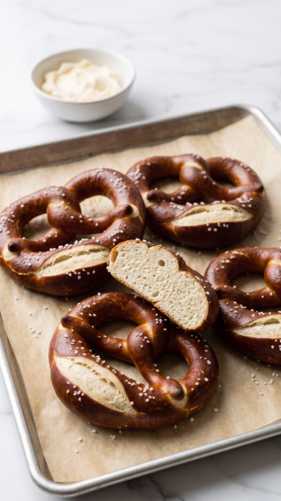 Ofenfrische deutsche Laugenbrezel serviert mit streichzarter Butter — bayerische Brotzeit