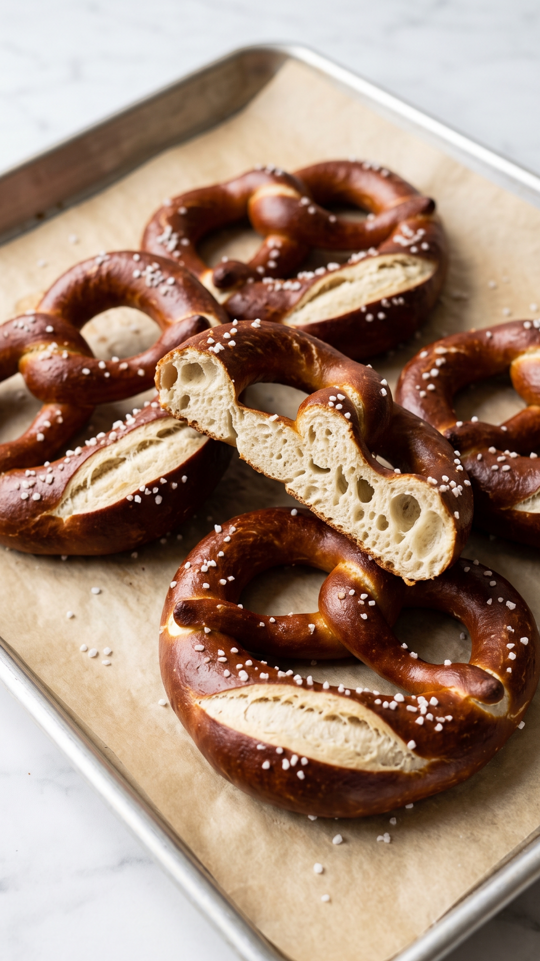 Traditionelle deutsche Laugenbrezel aus der Froschperspektive — erhabener Brezelbauch mit glänzender Laugenkruste