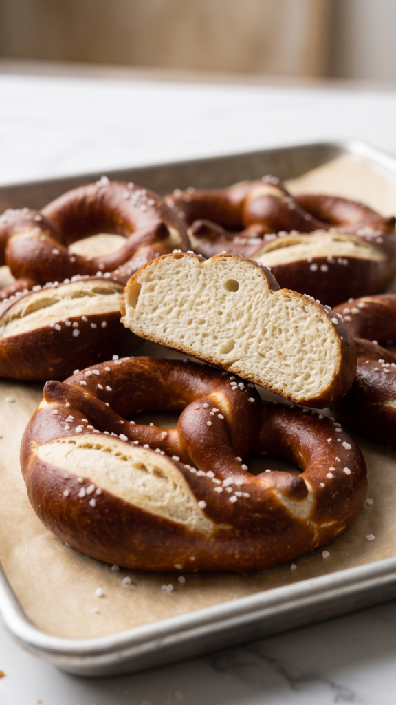 Makro-Nahaufnahme einer deutschen Laugenbrezel — glänzende kastanienbraune Oberfläche mit Salzkristallen und hellem Ausbund