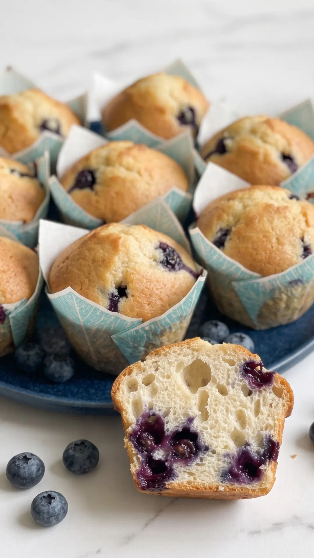 Fluffige Blaubeer Muffins aus der Froschperspektive — aufgegangene Muffin-Köpfe in Tulpenförmchen