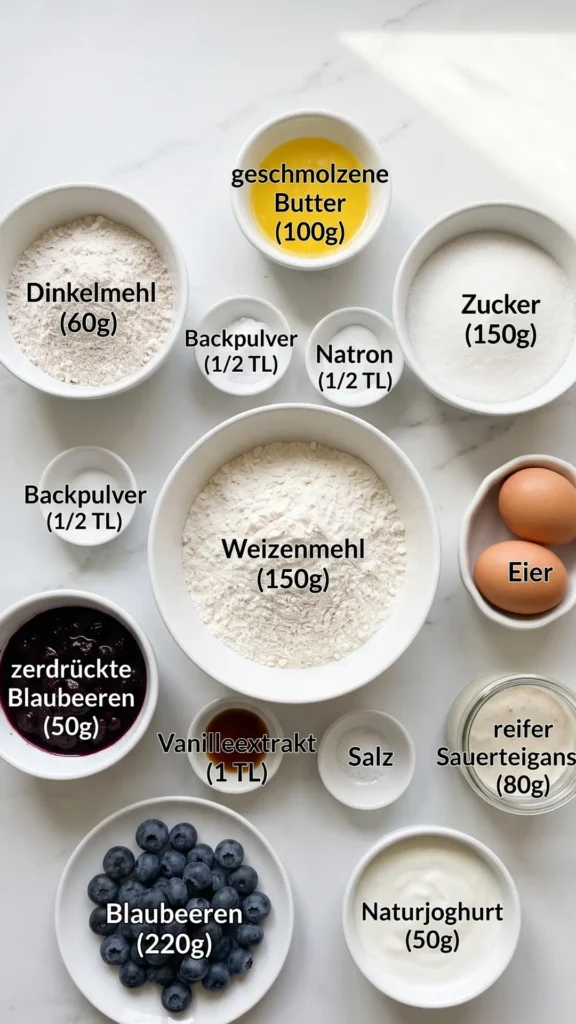 Zutaten für Blaubeer Muffins mit Sauerteigrest: Mehl, Butter, Zucker, Eier, Sauerteigansatz, Joghurt und frische Blaubeeren