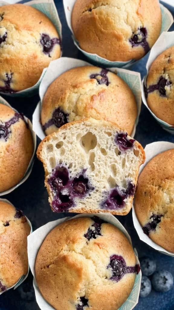 Nahaufnahme von Blaubeer Muffins mit Sauerteigrest — kräftige Blaubeerspots auf luftiger Krume