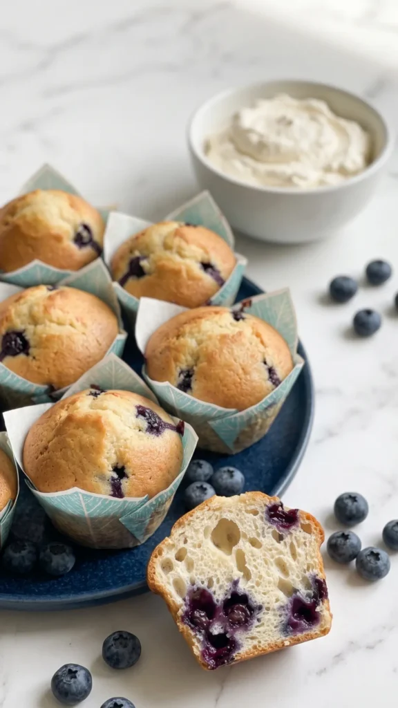 Blaubeer Muffins mit Sauerteigrest serviert mit Schlagsahne — halvierter Muffin mit saftigen Heidelbeeren