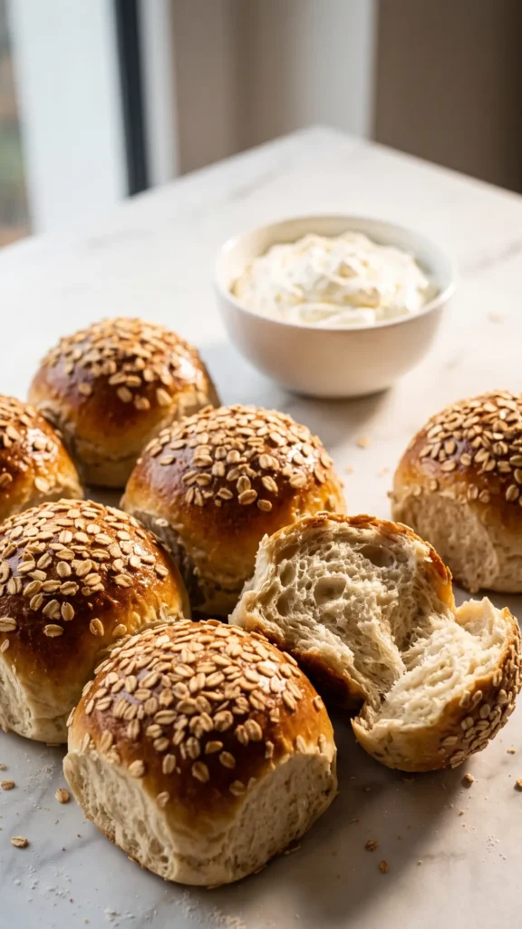 Haferflocken-Brötchen serviert mit Schlagsahne — ein von Hand aufgebrochenes Brötchen präsentiert die watteweiche, feine Krume.