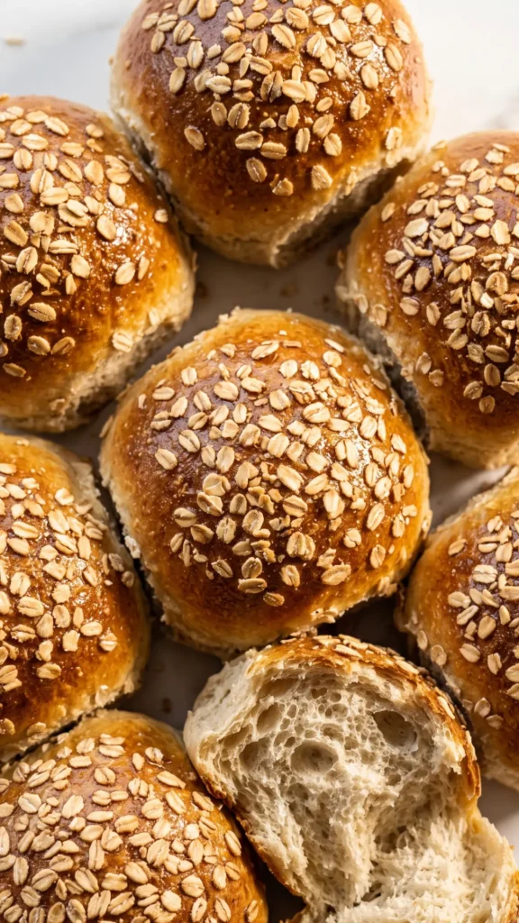 Nahaufnahme von Haferflocken-Brötchen — präzise Details der glänzenden, gebräunten Hefeteigkruste und der gerösteten Haferflocken.