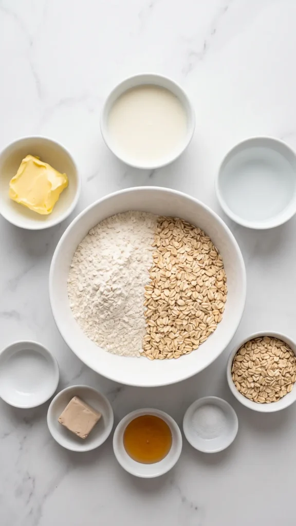 Zutaten für Haferflocken-Brötchen: Weizenmehl, Haferflocken, frische Hefe, Milch, Butter, Honig und Salz auf weißem Marmor.