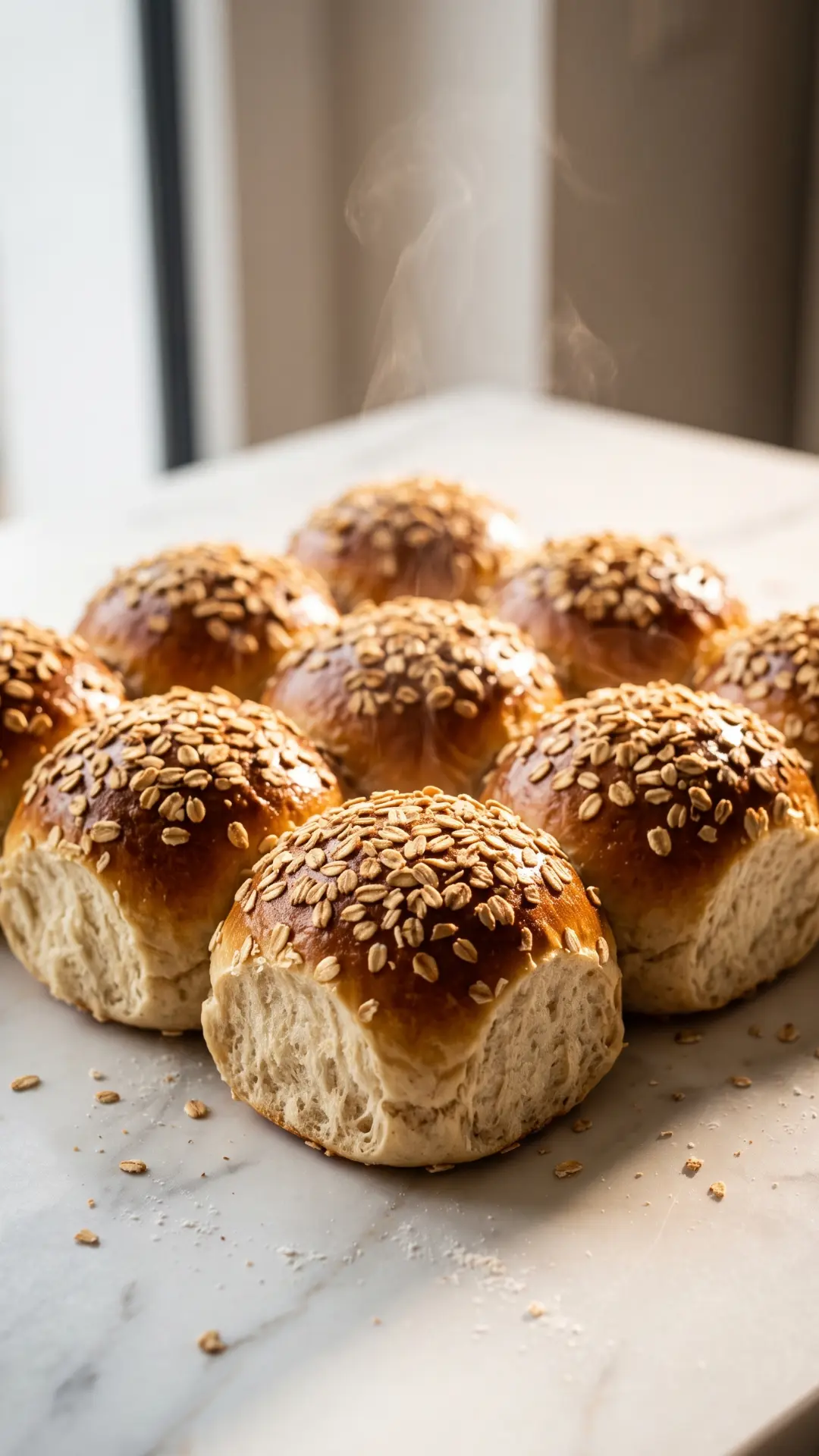 Haferflocken-Brötchen frisch gebacken aus der Froschperspektive — plastische, extrem ansprechende Nahansicht der runden Brötchen.