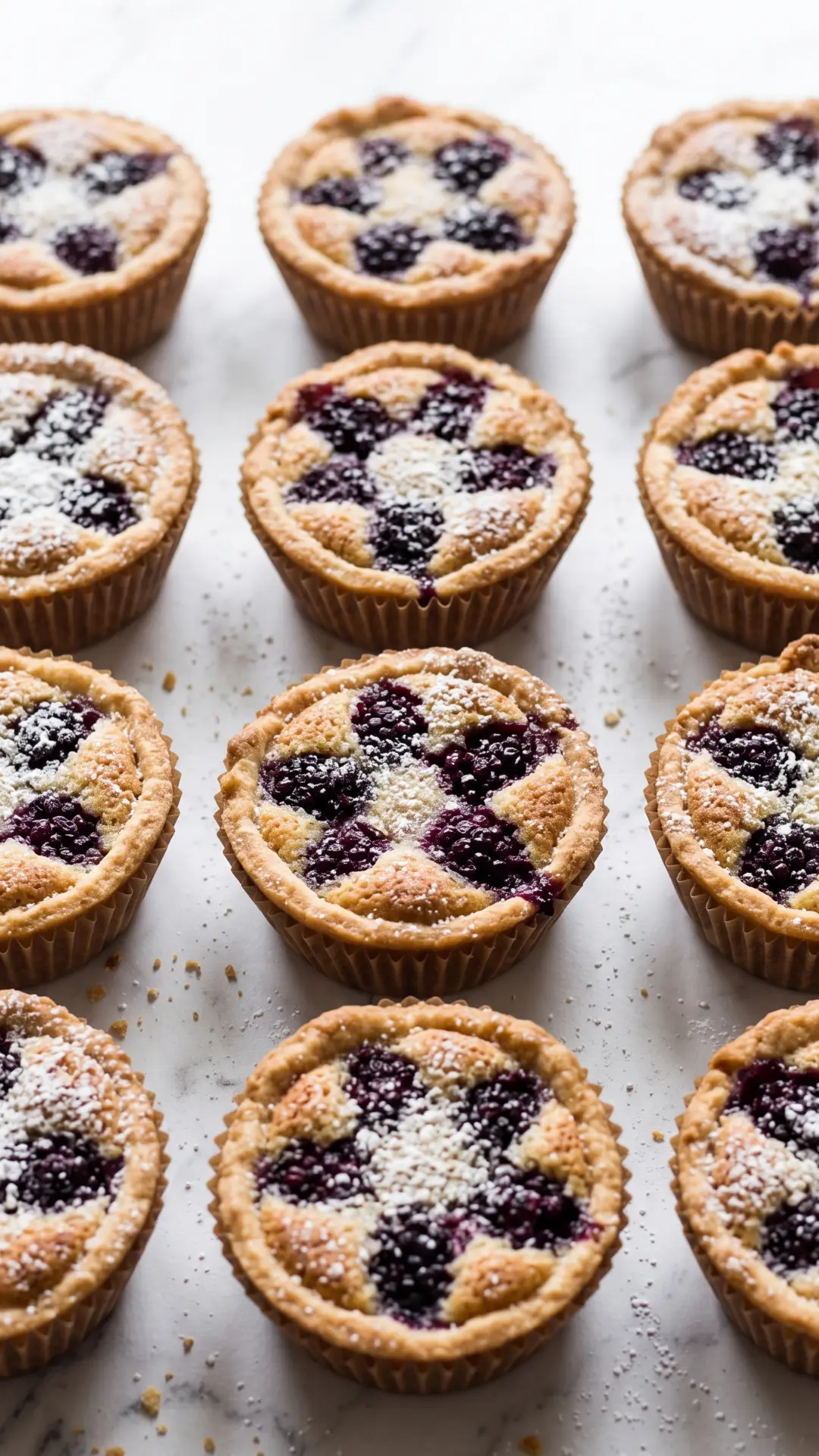 Sauerteig-Tartelettes mit Mandelcreme und Brombeeren aus der Froschperspektive.