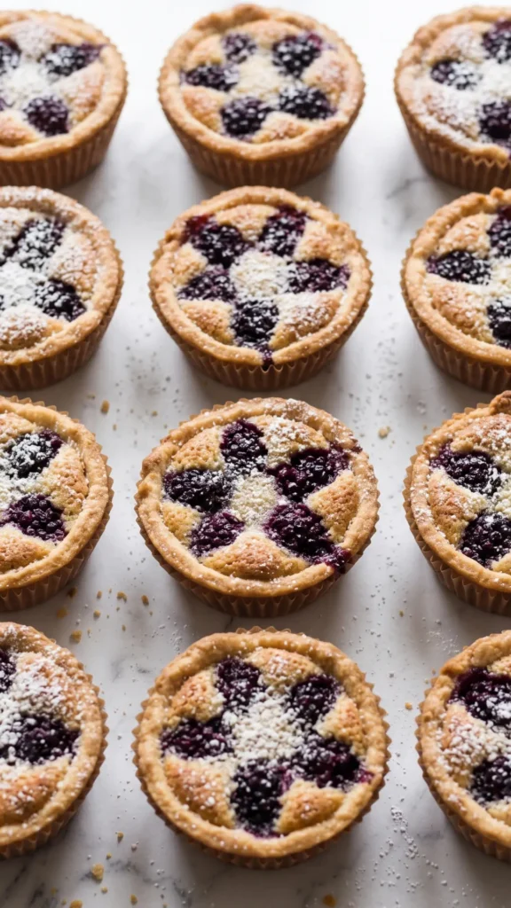 Nahaufnahme von Brombeer-Tartelettes mit Sauerteig — saftige Beeren und cremige Frangipane.