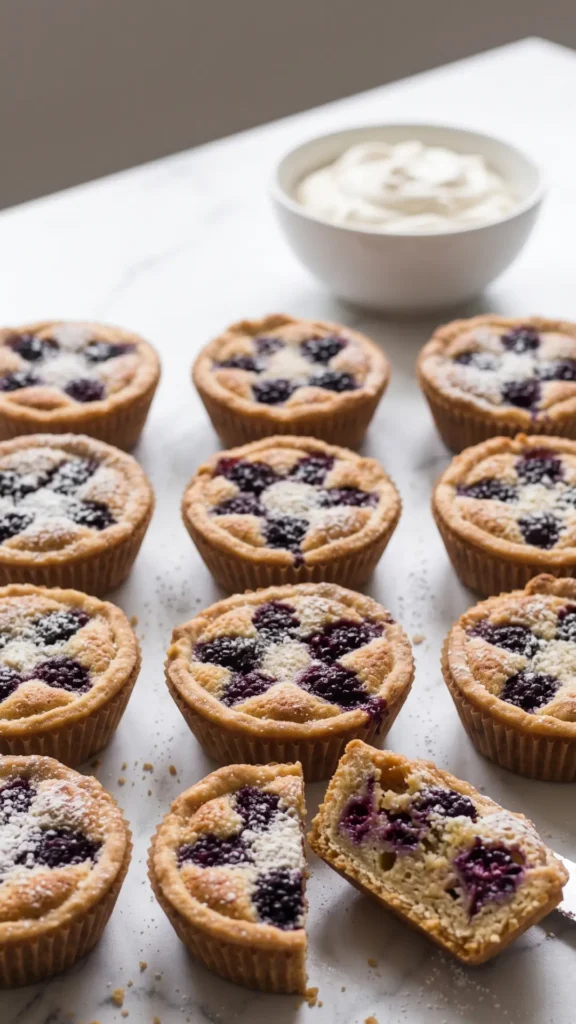 Zutaten für Französische Tartelettes mit Brombeeren und Sauerteig: Mehl, Butter, Mandeln und Brombeeren.