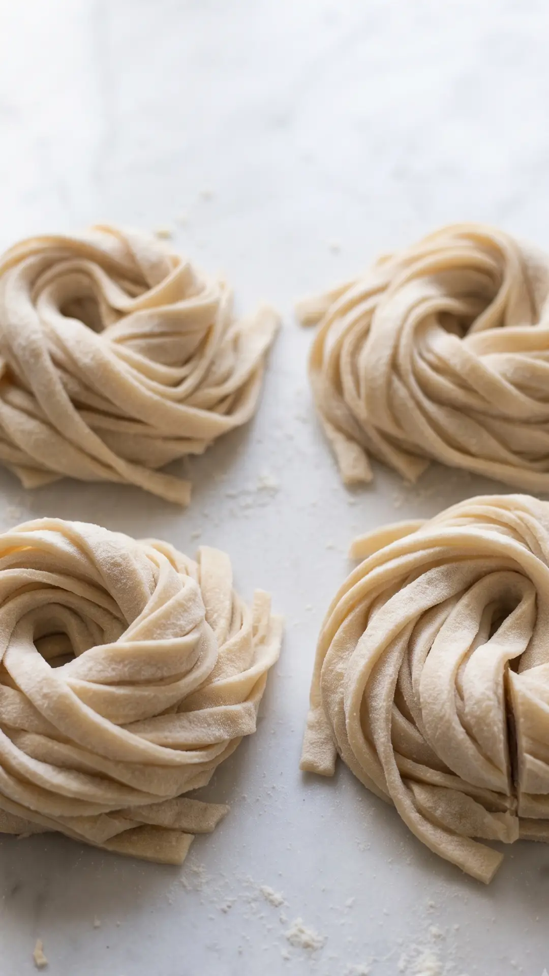 Sauerteig-Pasta aus der Froschperspektive — aufgeschichtete frische Nudelnester auf Bemehlung