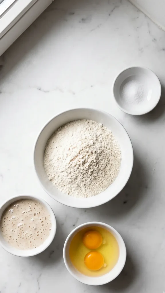 Zutaten für Sauerteig-Pasta: Mehl, Eier, Sauerteig und eine Prise Salz auf Marmor