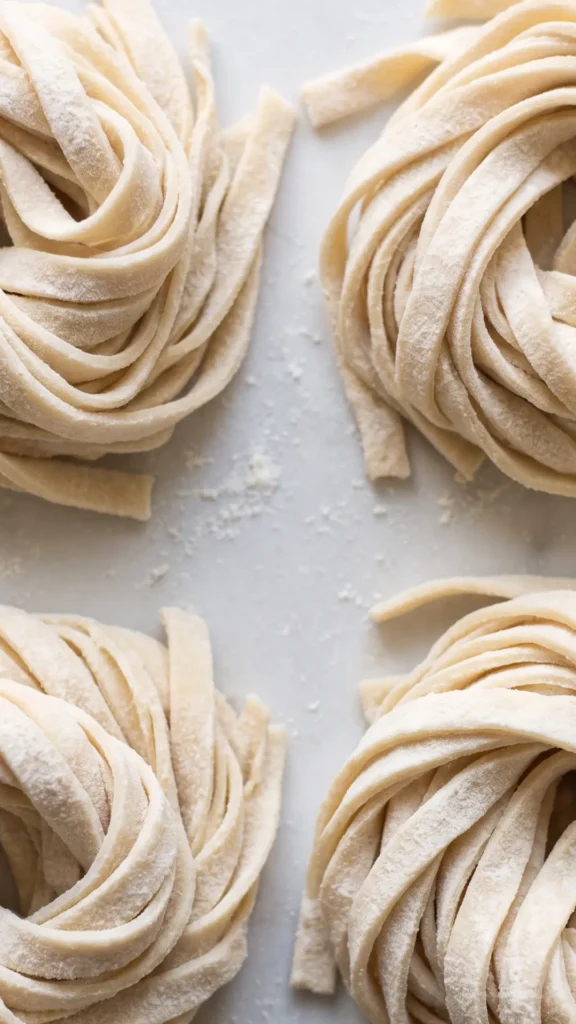 Nahaufnahme von Sauerteig-Pasta — feine Textur frischer hausgemachter Bandnudeln