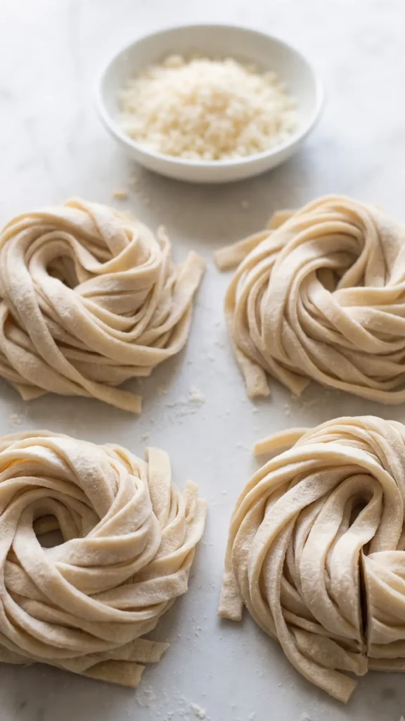 Sauerteig-Pasta serviert mit Parmesan — frische hausgemachte Nudeln auf weißem Hintergrund