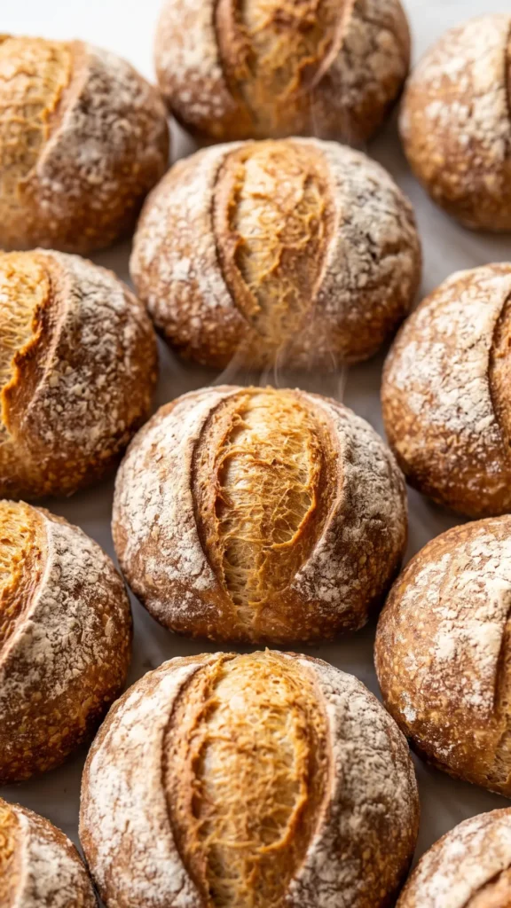 Nahaufnahme von Frühstücksbrötchen über Nacht — präzise Details der bemehlten, rissigen Kruste und des tiefen Einschnitts.