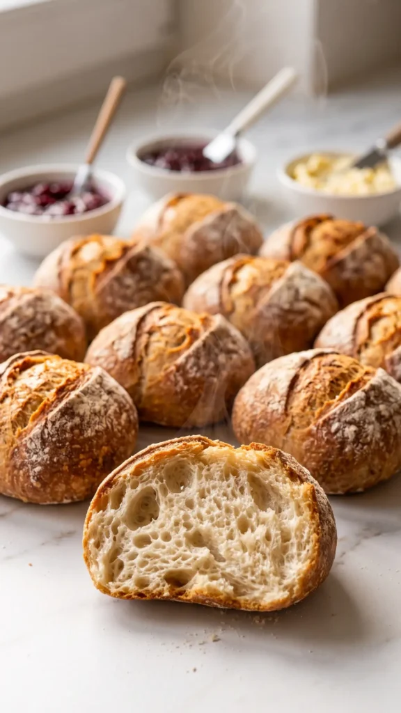 Frühstücksbrötchen über Nacht serviert mit Butter und fruchtige Marmelade — ein aufgebrochenes Brötchen präsentiert die softige Krume.