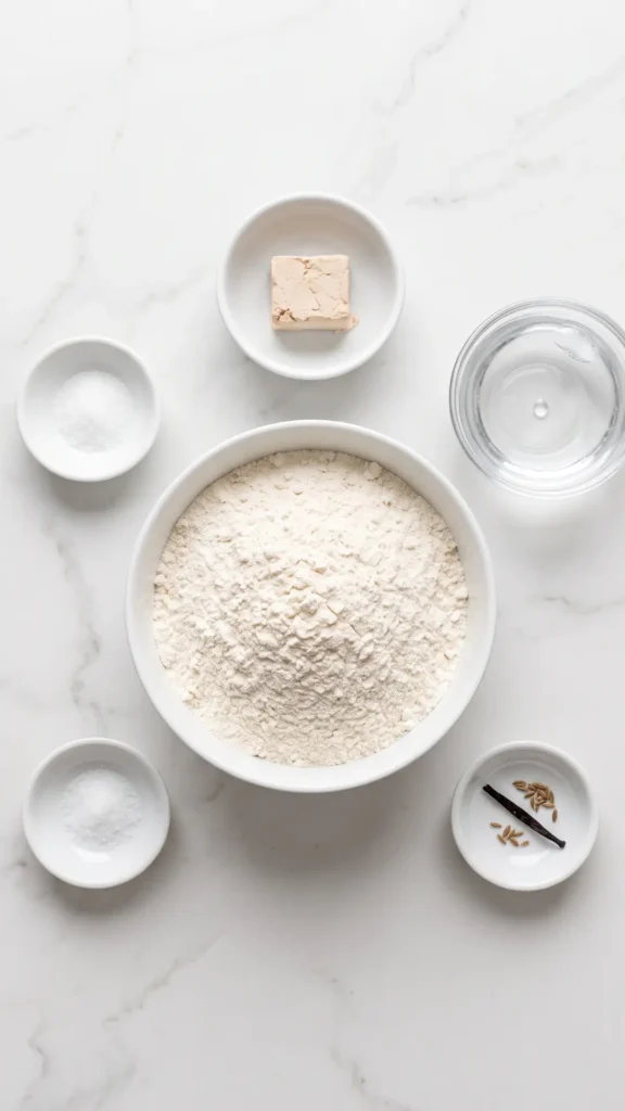 Zutaten für Brötchen über Nacht: Weizenmehl, frische Hefe, eiskaltes Wasser und Salz auf weißem Marmor.