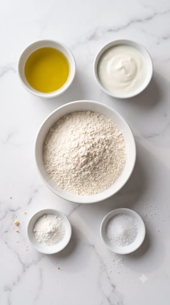 Zutaten für schnelles Pfannenbrot ohne Hefe: Weizenmehl, stichfester Naturjoghurt, Olivenöl, Backpulver und Salz auf weißem Marmor.