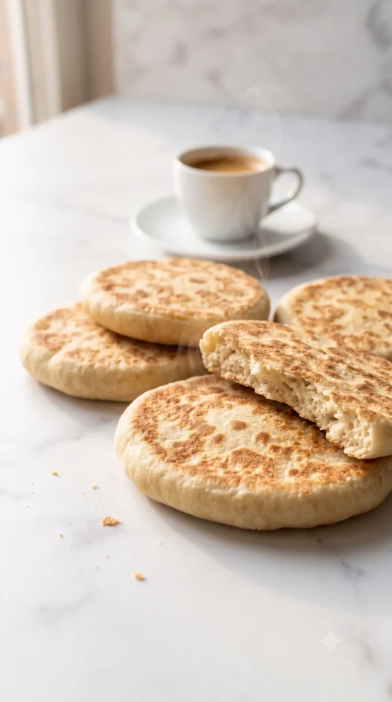 Schnelles Pfannenbrot ohne Hefe serviert mit Espresso — ein aufgebrochener Fladen zeigt die elastische, softe Krume von innen.